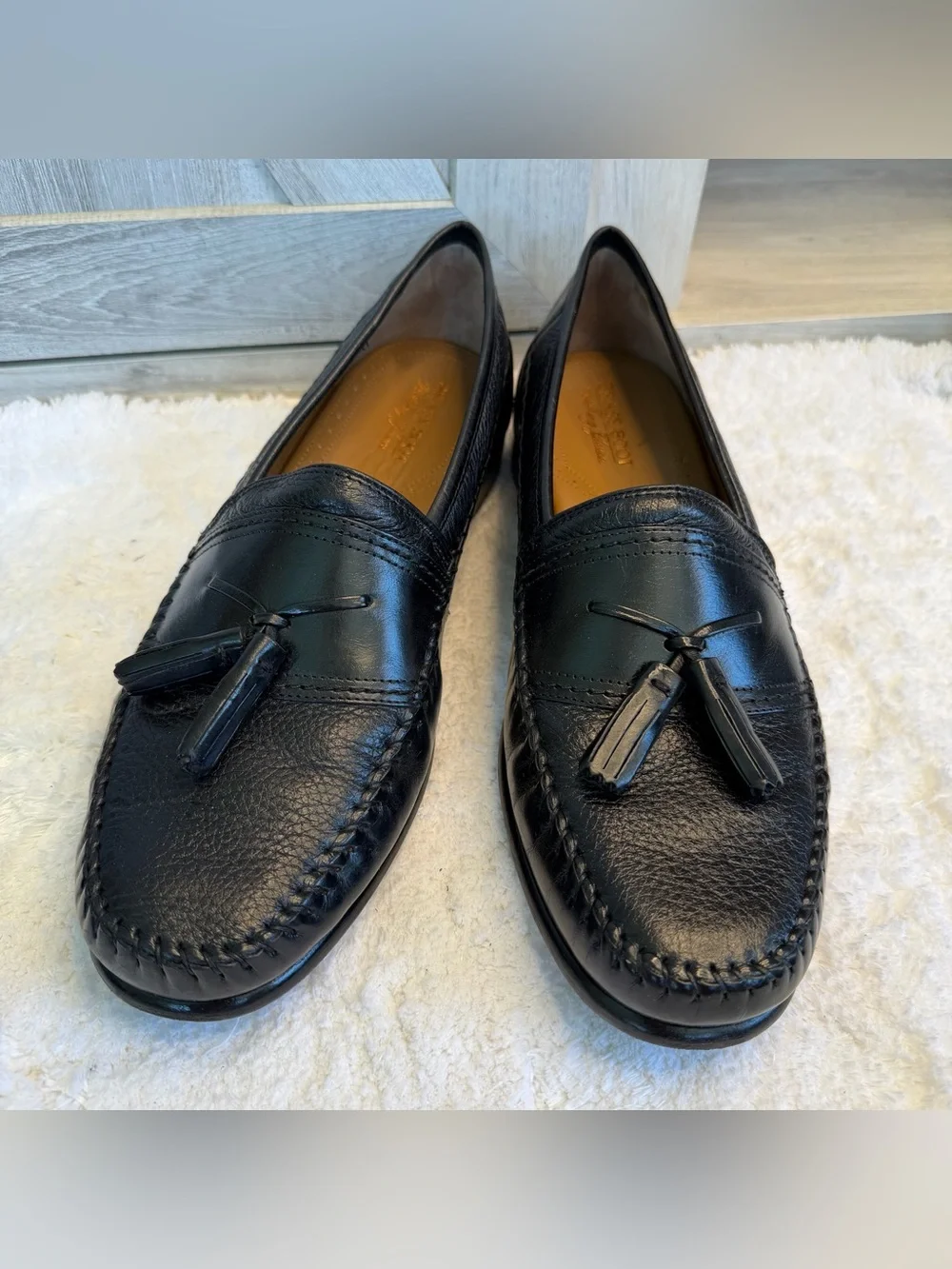 Brass Boot Loafers Black Leather Tassel Moc Round Toe Shoes Size 11.5